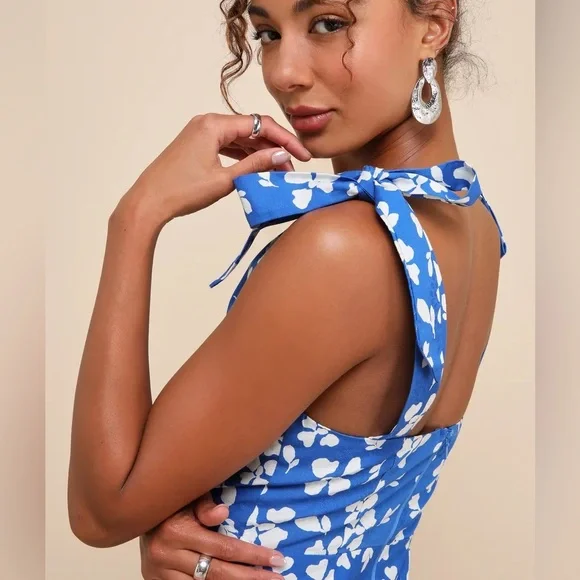 NWT! Lulus Bright Affection Cobalt Blue Floral Tie-Strap Mini Dress (Size XS) - Picture 4 of 9
